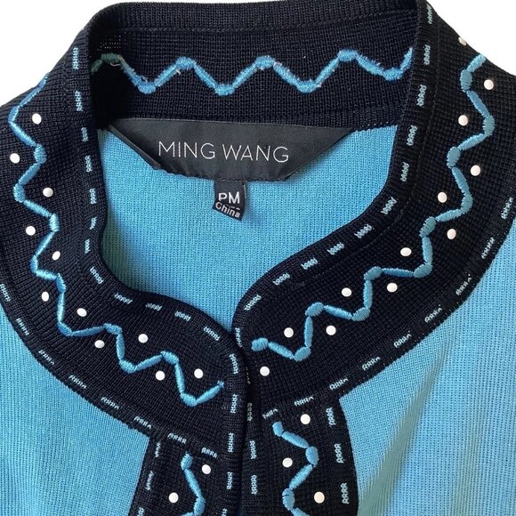 Ming Wang Womens Knit Open Front 3/4 Sleeve Blazer Jacket Blue Size PM - Picture 3 of 13